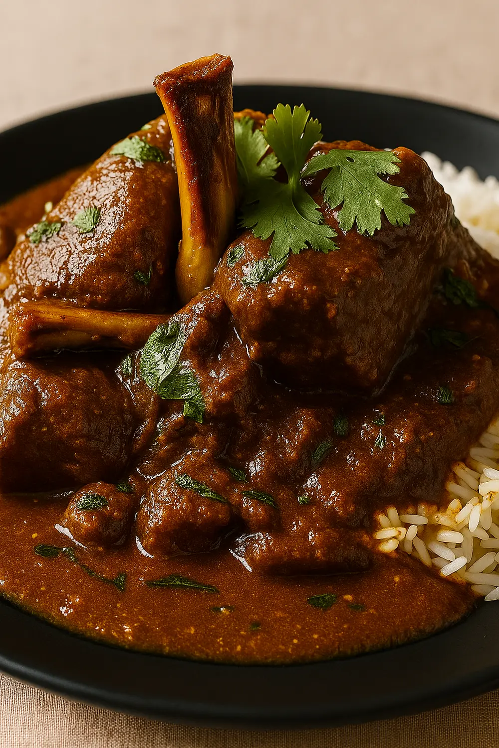 Easy Lamb Rogan Josh Recipe Lamb Rogan Josh recipe showing tender lamb in a Kashmiri-style curry with basmati rice and fresh coriander garnish.