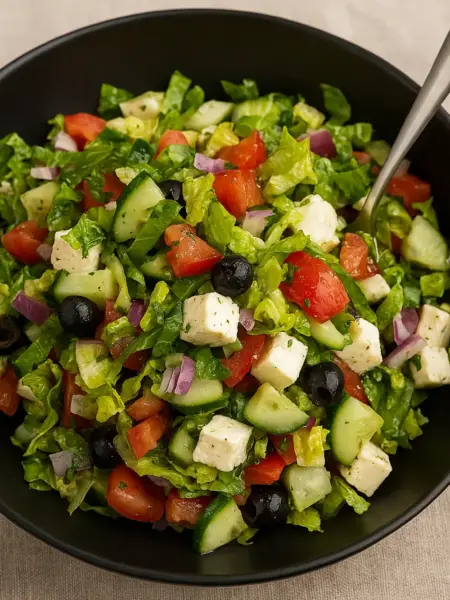 Recipes Mediterranean Greek salad recipe with fresh romaine lettuce, cucumbers, tomatoes, black olives, red onions, and feta cheese cubes in a black bowl