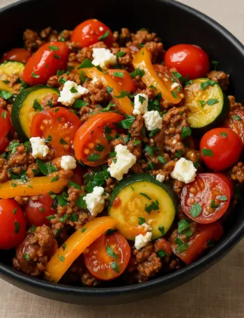 Best Mediterranean Ground Beef Stir Fry Mediterranean ground beef stir fry with zucchini, cherry tomatoes, bell peppers, parsley, and feta cheese in a black bowl