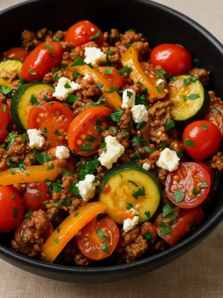 Recipes Mediterranean ground beef stir fry with zucchini, cherry tomatoes, bell peppers, parsley, and feta cheese in a black bowl