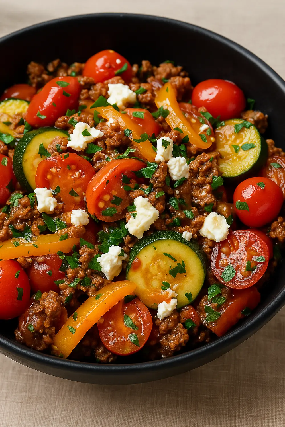 7 Day High Protein Low Carb Meal Plan Low carb high protein meals with Mediterranean ground beef stir fry with zucchini, cherry tomatoes, bell peppers, parsley, and feta cheese.