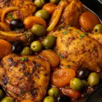 Moroccan Chicken Tagine with tender chicken thighs, green and black olives, apricots, and spiced sauce in a cast iron skillet.
