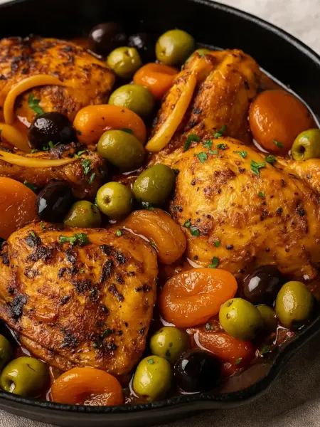 Moroccan Chicken Tagine Moroccan Chicken Tagine with tender chicken thighs, green and black olives, apricots, and spiced sauce in a cast iron skillet.