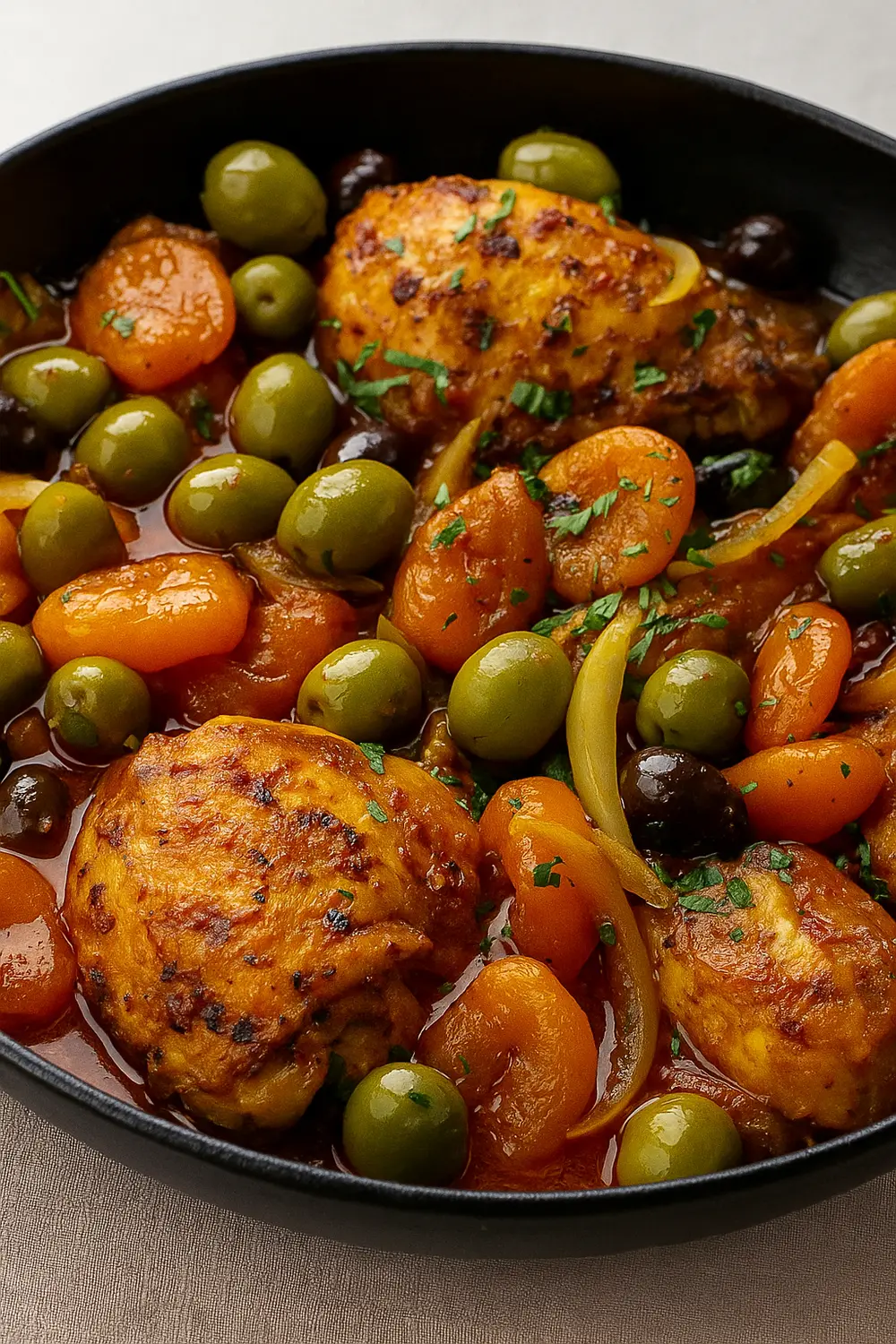 Moroccan Chicken Tagine Easy Moroccan Chicken Tagine Recipe dish with seasoned chicken thighs, olives, apricots, and spiced sauce in a black skillet.