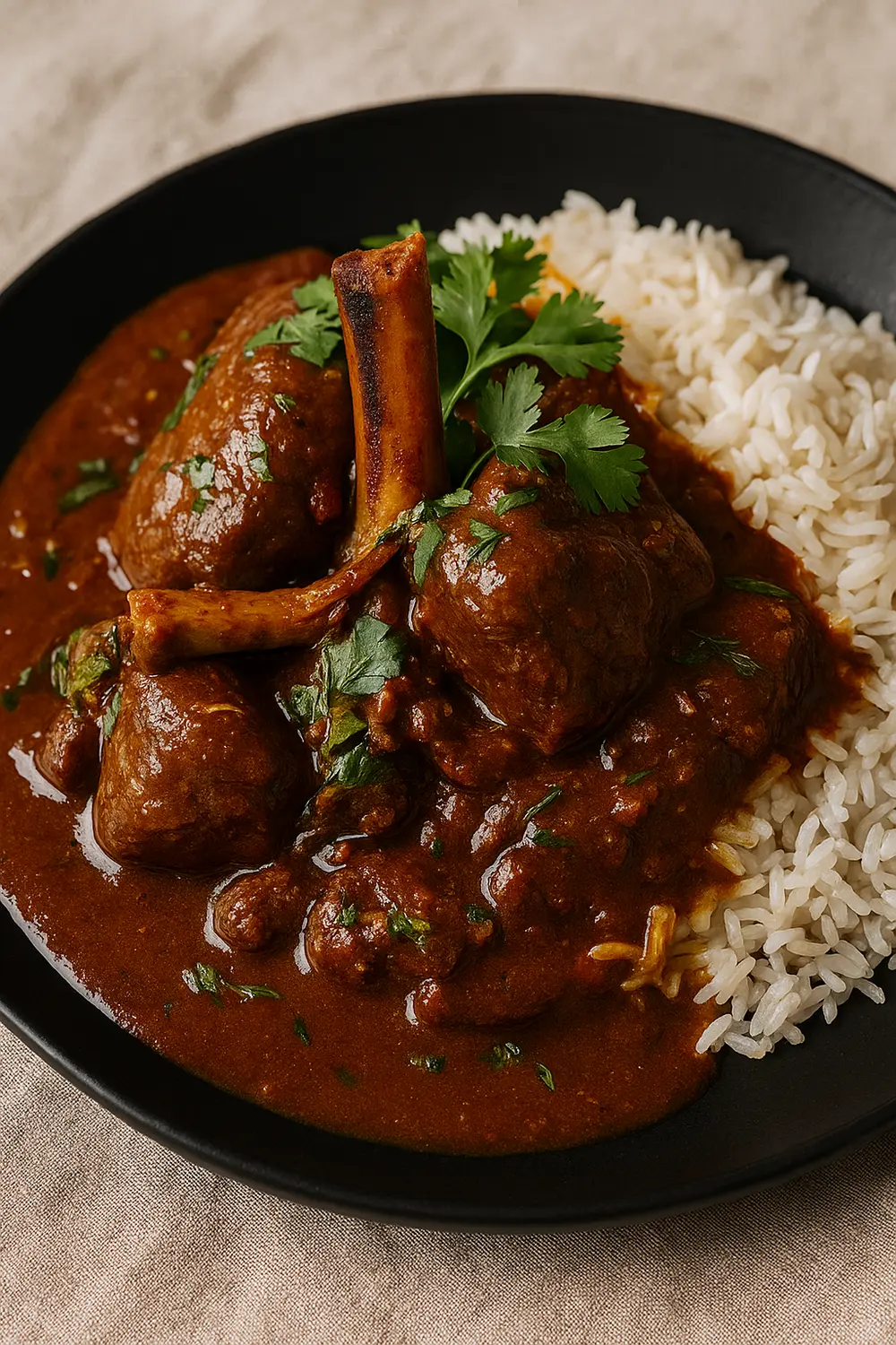 Easy Lamb Rogan Josh Recipe Authentic mutton rogan josh served with steamed basmati rice, garnished with fresh cilantro and steaming hot aromatic curry sauce.