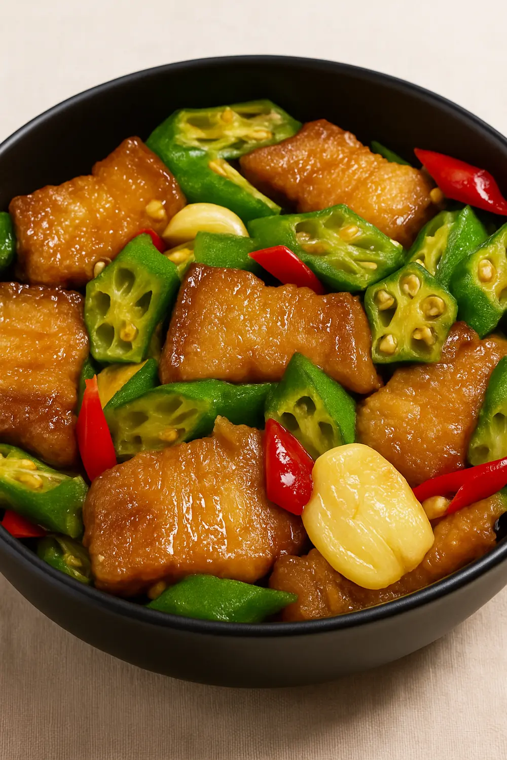 Easy Stir Fried Pork Belly Recipe with Okra Stir fry pork belly recipes with okra, garlic, and red chili, served hot in a black bowl.