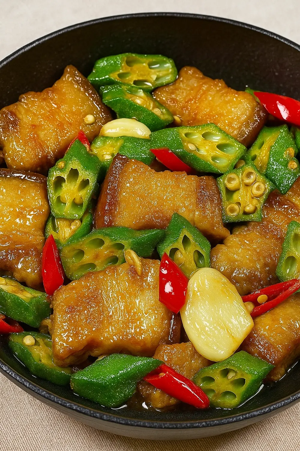 Easy Stir Fried Pork Belly Recipe with Okra Pork stir fry with tender pork belly slices, fresh okra, red chili, and garlic in a savory glaze, served in a black bowl.