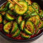 Spicy Asian Korean cucumber salad with chili flakes, garlic, and sesame dressing.