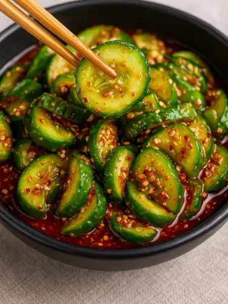 Recipes Spicy Asian Korean cucumber salad with chili flakes, garlic, and sesame dressing.