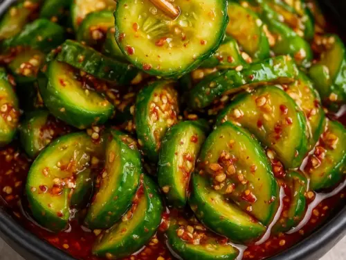Spicy Asian Korean cucumber salad with chili flakes, garlic, and sesame dressing.
