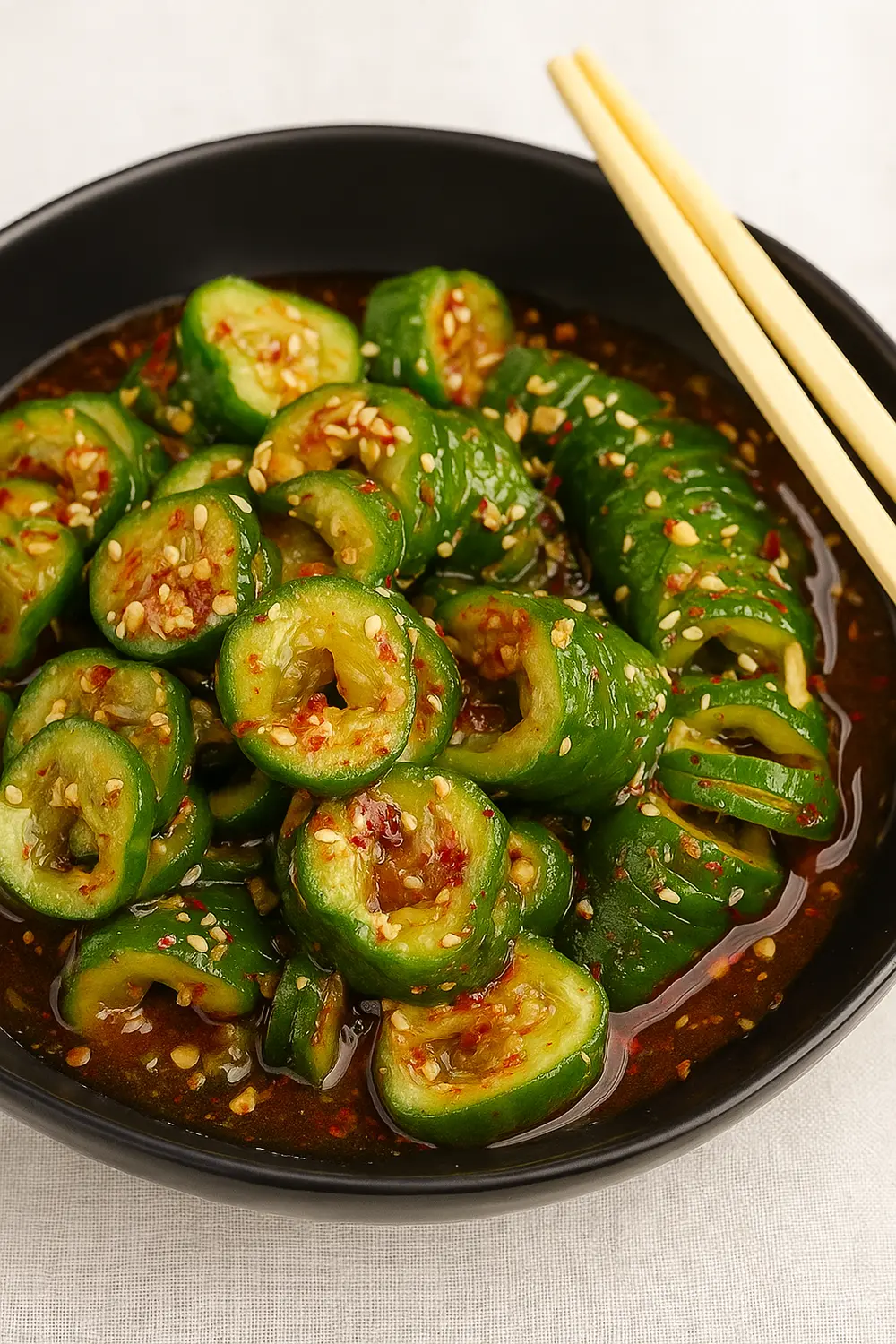 Spicy Asian Cucumber Salad (Oi Muchim) Fresh spicy cucumber salad with chili flakes, garlic, and sesame seeds in a savory dressing.