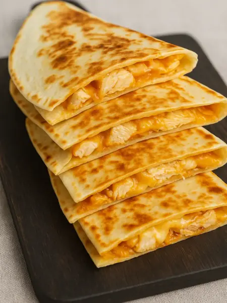 Taco Bell Chicken Quesadilla Recipe with Jalapeño Sauce Homemade Taco Bell chicken quesadilla recipe with melted cheese and grilled tortillas served on a wooden board