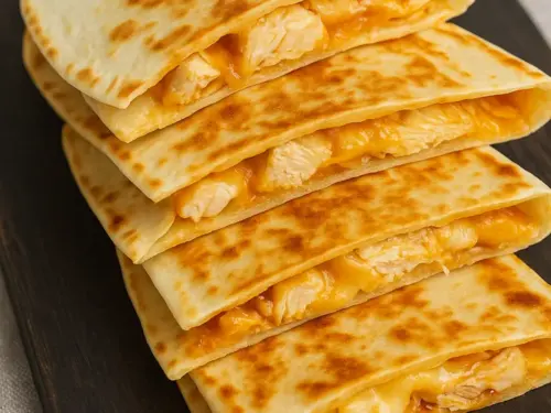 Homemade Taco Bell chicken quesadilla recipe with melted cheese and grilled tortillas served on a wooden board