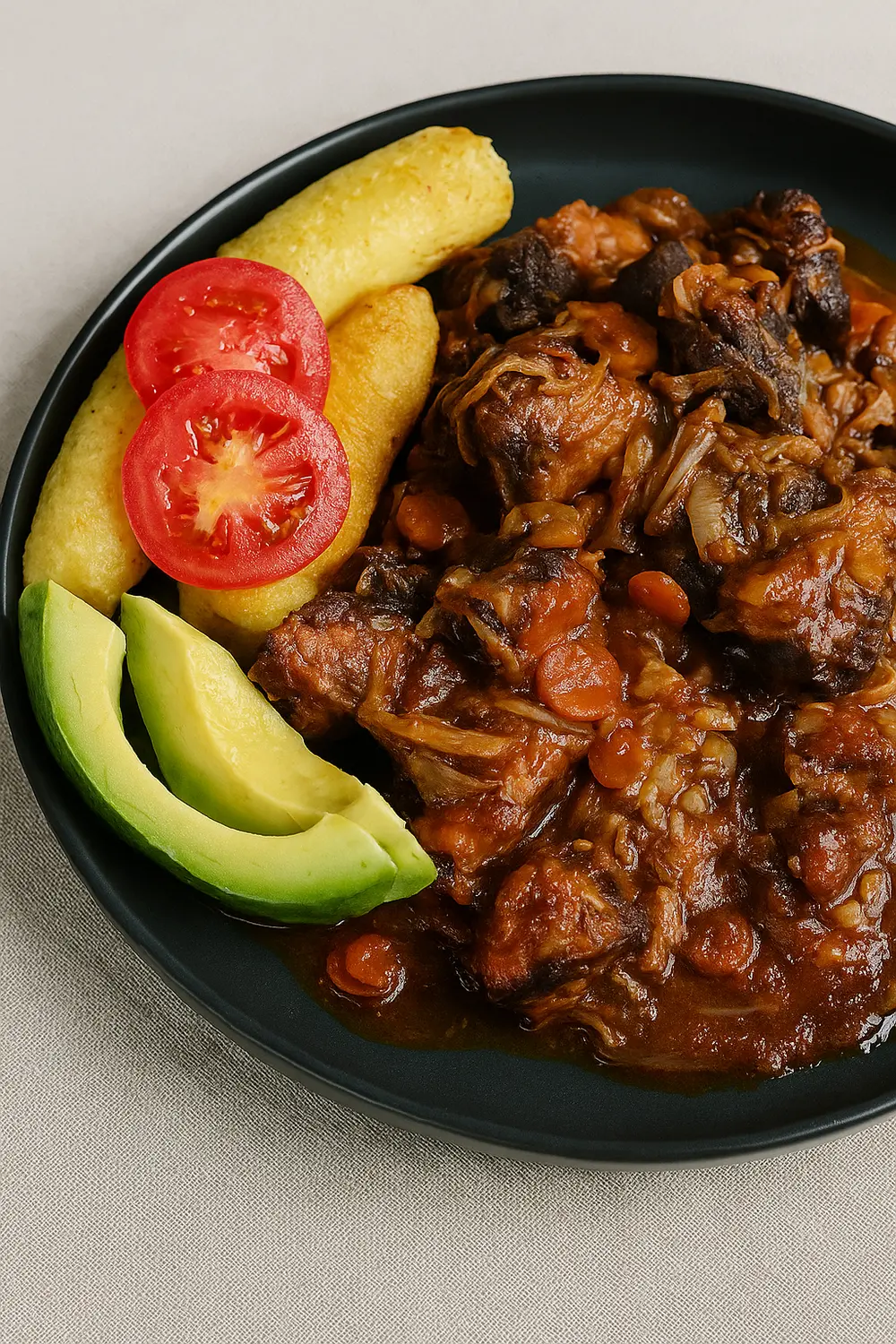 A plate of Ugandan fried pork, served with matooke, avocado slices, fresh tomatoes, and braised cabbage.