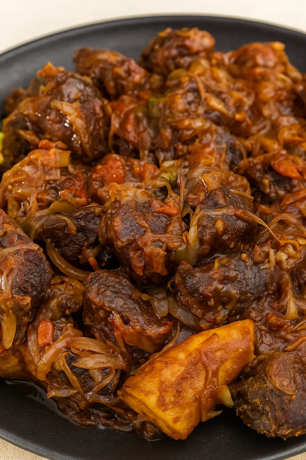 Ugandan-style pork stir fry recipe, also known as Kikalayi pork, served with matooke, avocado slices, and cabbage on a black tray.