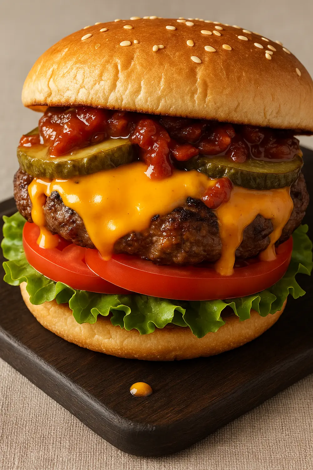 Best Grilled Cheese Burger with Wagyu Beef Premium Wagyu burger with American cheese, pickles, tomatoes, and lettuce on a sesame bun.