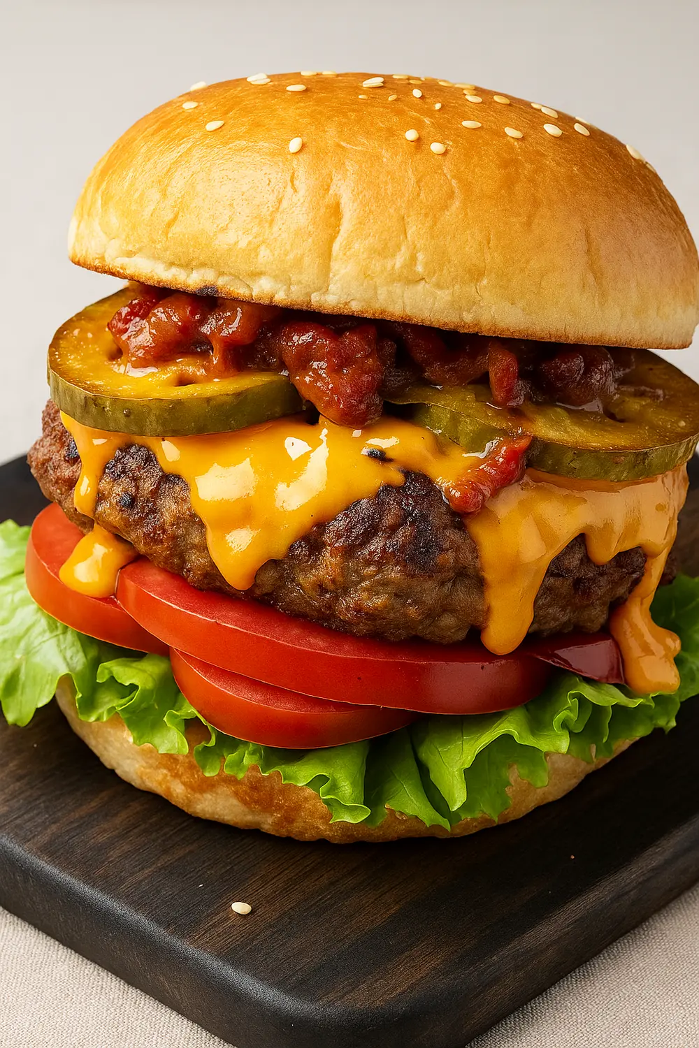 Best Grilled Cheese Burger with Wagyu Beef Gourmet cheese burger made with Wagyu ground beef, melted American cheese, pickles, and fresh vegetables on a toasted sesame bun.