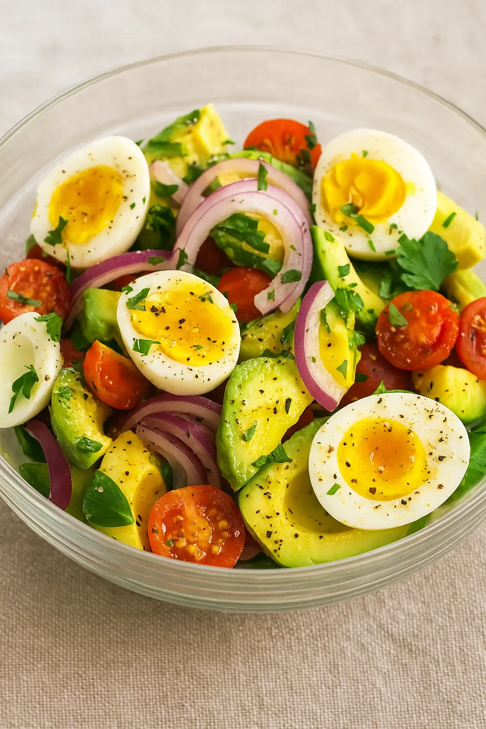 Easy 1200 calorie diet meal plan featuring halved hard-boiled eggs, creamy avocado chunks, juicy cherry tomatoes, sliced red onion, and fresh parsley, all seasoned with cracked black pepper, perfect for calorie deficit.