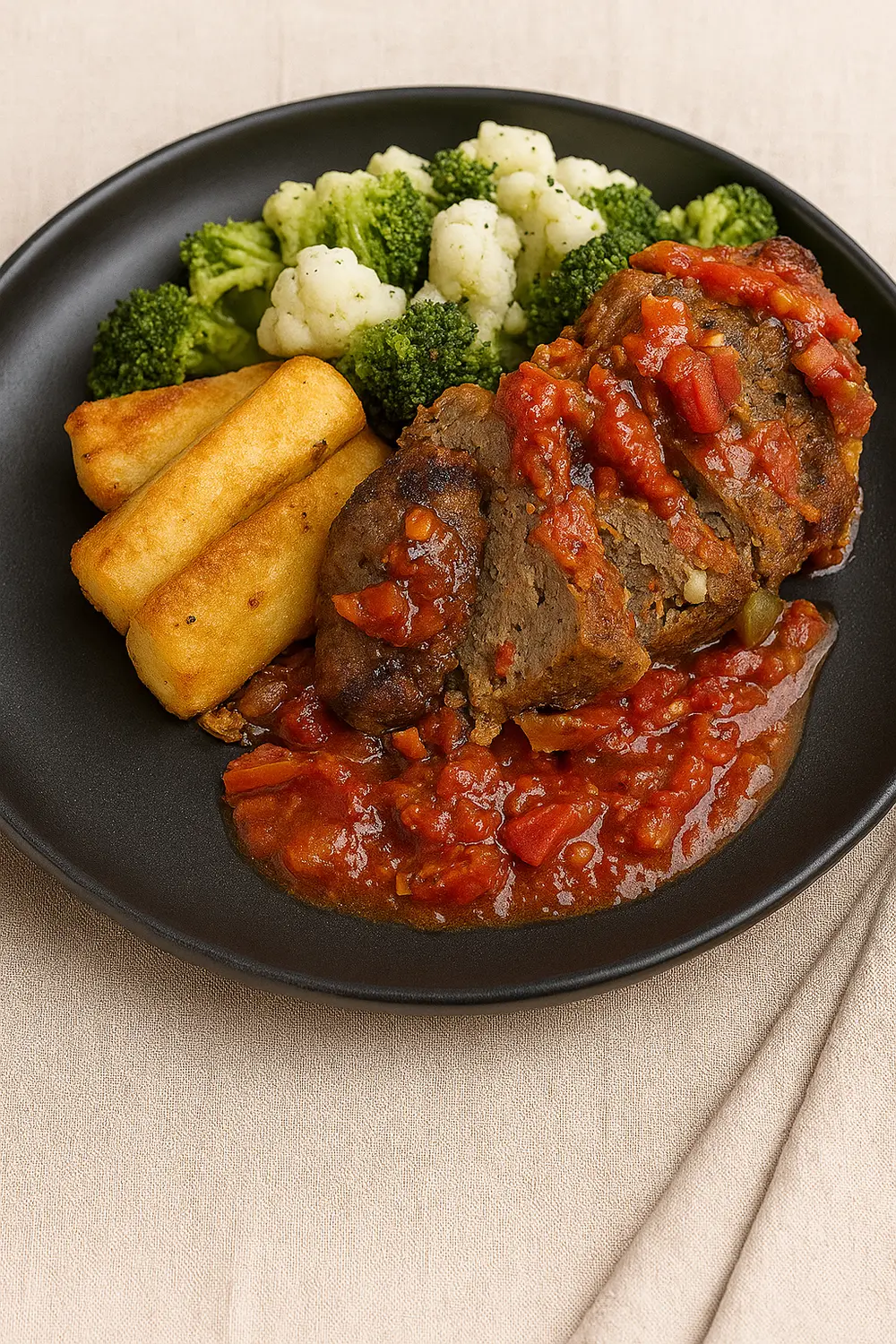 Bacon cheeseburger meatloaf with a rich tomato sauce, served on a black plate with golden yuca fries and steamed broccoli and cauliflower, perfect for those on a gluten free diet plan.