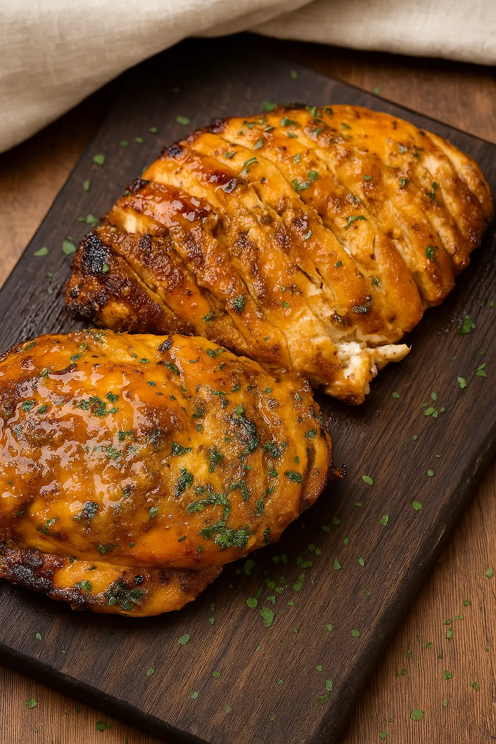 Easy Air Fryer Chicken Breast Recipe Easy baked chicken breast recipe with a golden glaze, sliced to show a tender and moist inside.