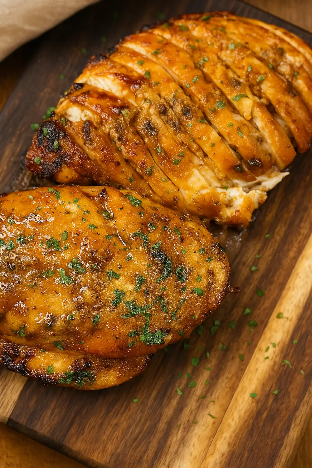 Easy Air Fryer Chicken Breast Recipe Sliced juicy baked honey garlic chicken breast on a wooden cutting board, garnished with fresh parsley.