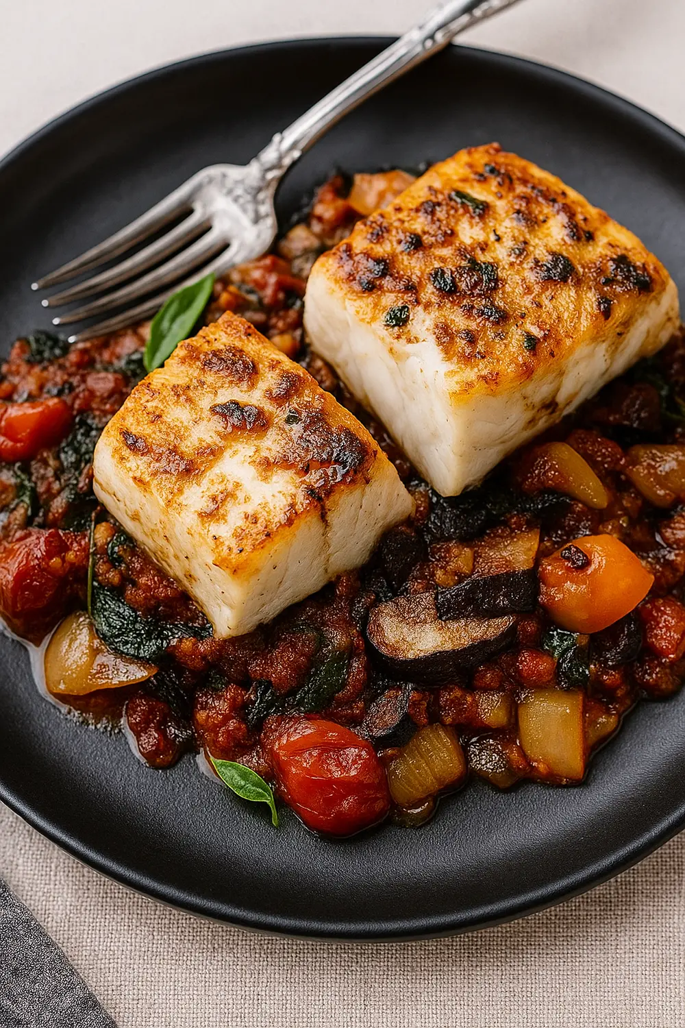 Simple 1200 calorie meal plan featuring Baked cod fillets over a rich vegetable stew, perfect for those seeking a calorie deficit.
