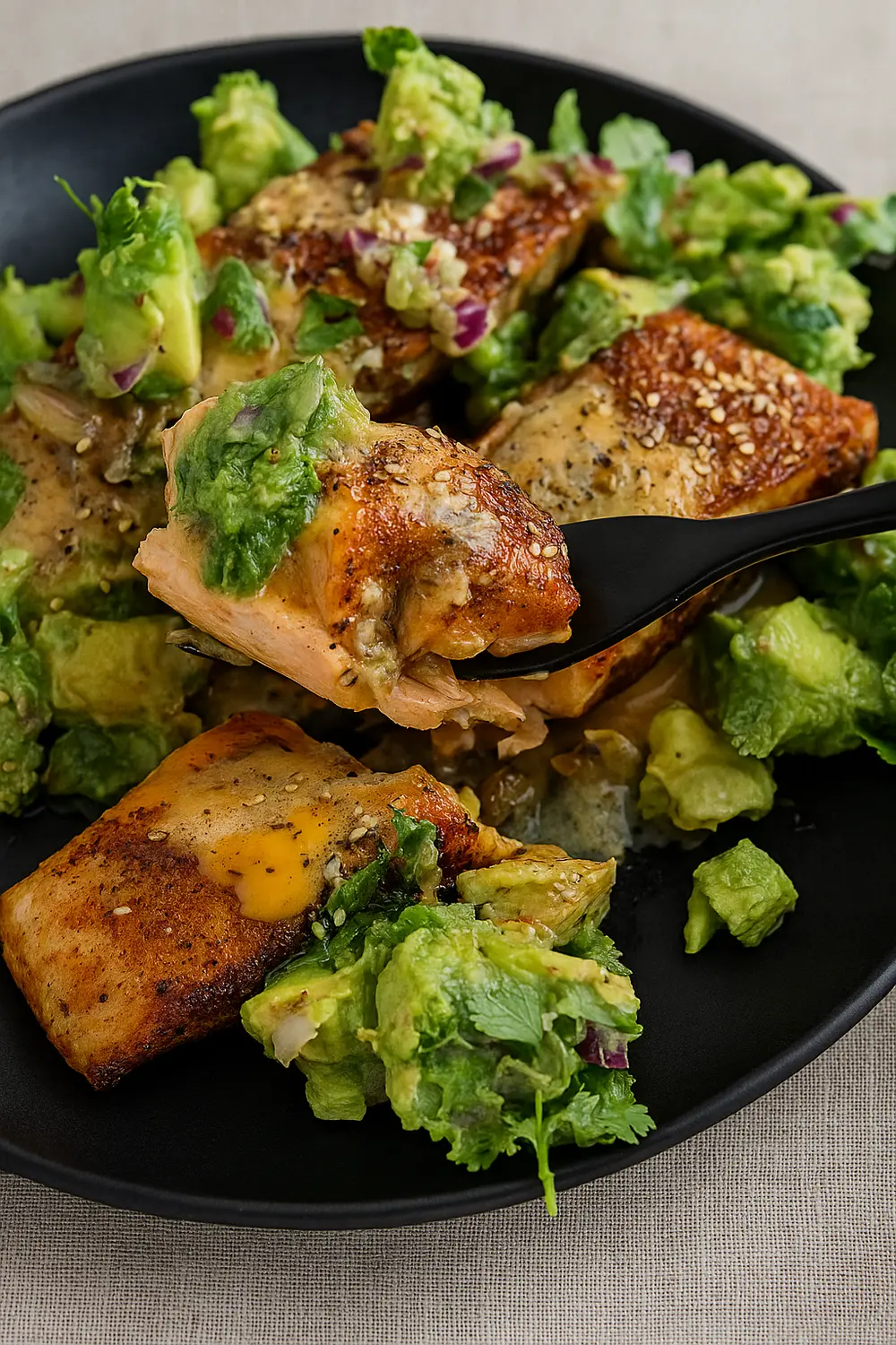 Flaky baked salmon served with a generous portion of chunky avocado salsa with red onion and cilantro, perfect for a 1200 calorie a day meal plan.