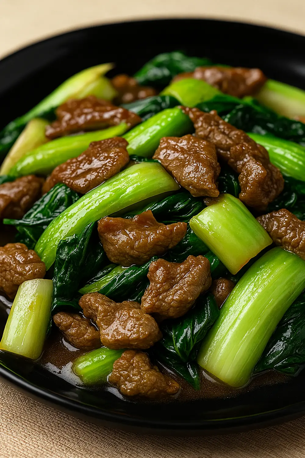 High protein low carb beef bok choy stir fry served on a black plate, featuring tender beef slices and bright green bok choy in a savory sauce, one of the best meals for those with an endomorph body type.