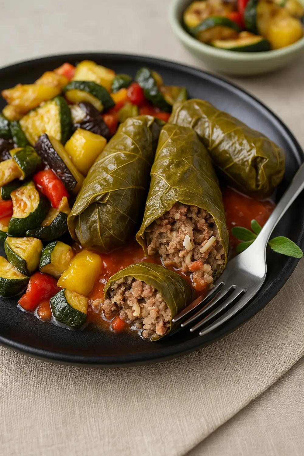 Three beef-stuffed grape leaves on a black plate with a rich tomato sauce and a side of sautéed squash, peppers, and zucchini, perfect for those looking for gluten free foods.