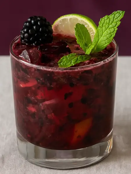 Non-alcoholic blackberry mojito mocktail recipe with fresh blackberries, mint leaves, and lime garnish.