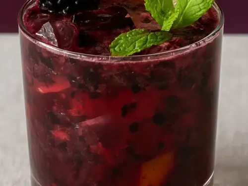 Non-alcoholic blackberry mojito mocktail recipe with fresh blackberries, mint leaves, and lime garnish.