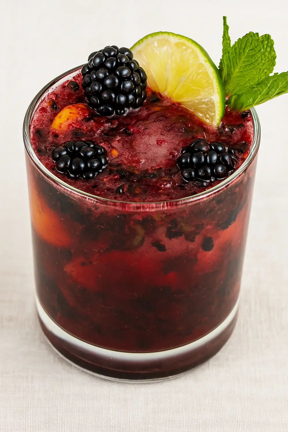 Homemade blackberry mojito recipe featuring muddled blackberries, lime, mint, and ice in a chilled glass.