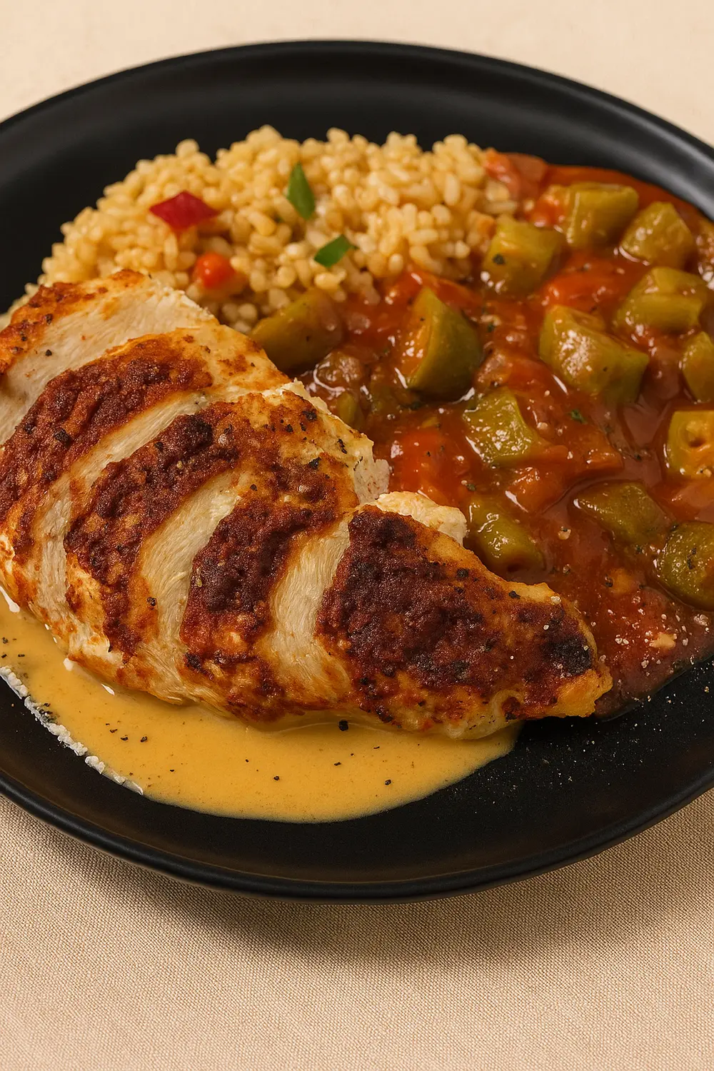 Sliced blackened chicken breast with a creamy smoked paprika sauce, served on a black plate with a side of rice and a tomato and okra stew, perfect for those on a gluten free meal plan.