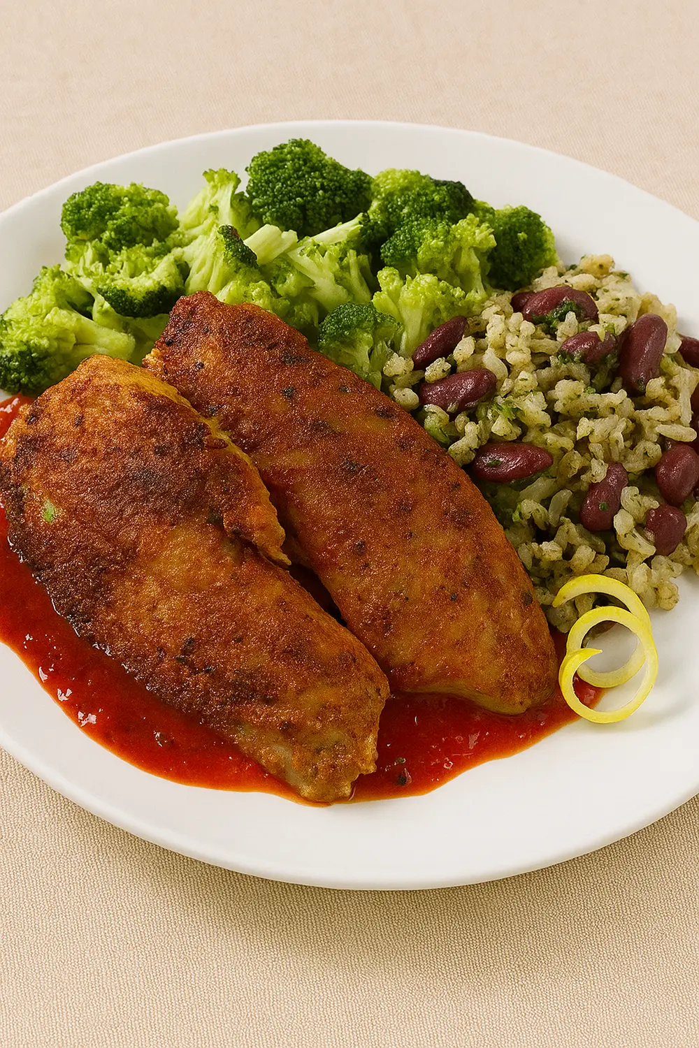 Two blackened tilapia fillets with a red pepper coulis, served on a white plate with steamed broccoli and a rice and bean pilaf, perfect for gluten free dinner ideas.