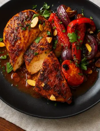 7 Day Calorie Deficit Meal Plan with Free Calculator Grilled chicken breast with roasted peppers, tomatoes, and almonds on a black plate, a healthy high protein meal for a calorie deficit meal plan.