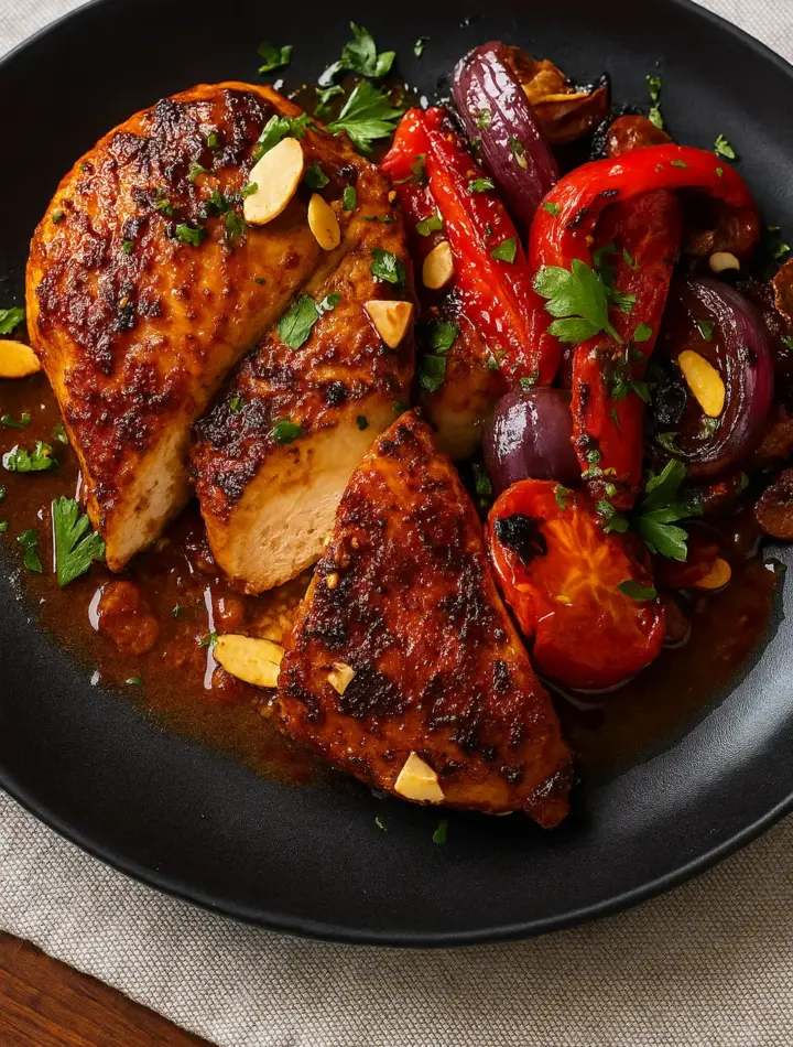 Grilled chicken breast with roasted peppers, tomatoes, and almonds on a black plate, a healthy high protein meal for a calorie deficit meal plan.