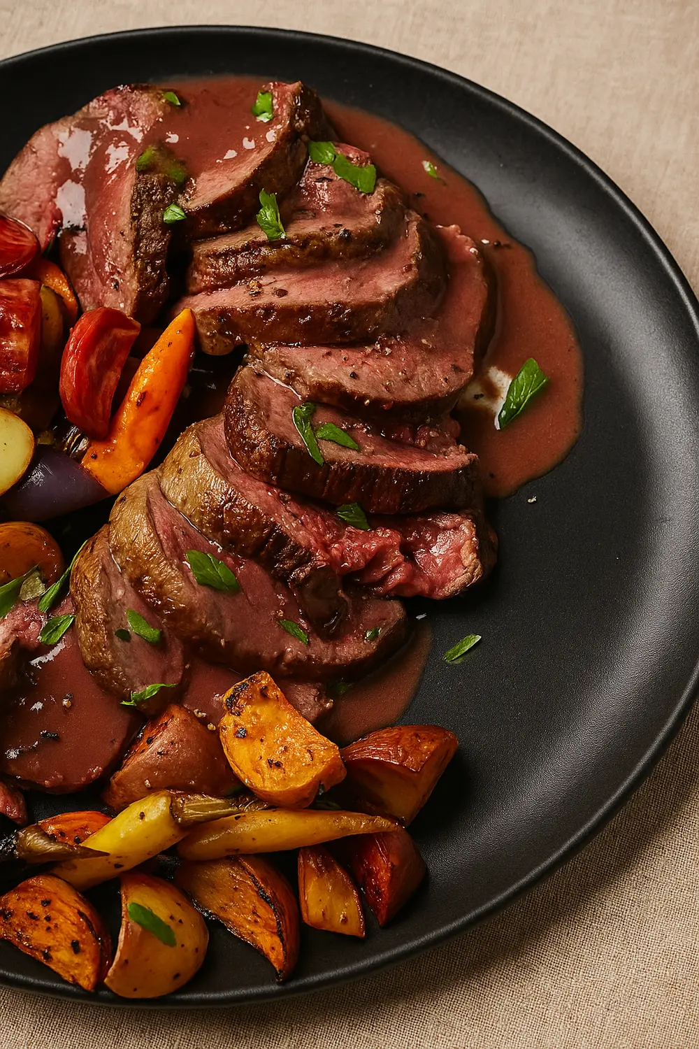 Classic French Chateaubriand Steak with Red Wine Sauce Sliced Chateau Briand recipe features a tender beef roast drizzled with a rich sauce, alongside a medley of roasted carrots, beets, and potatoes.