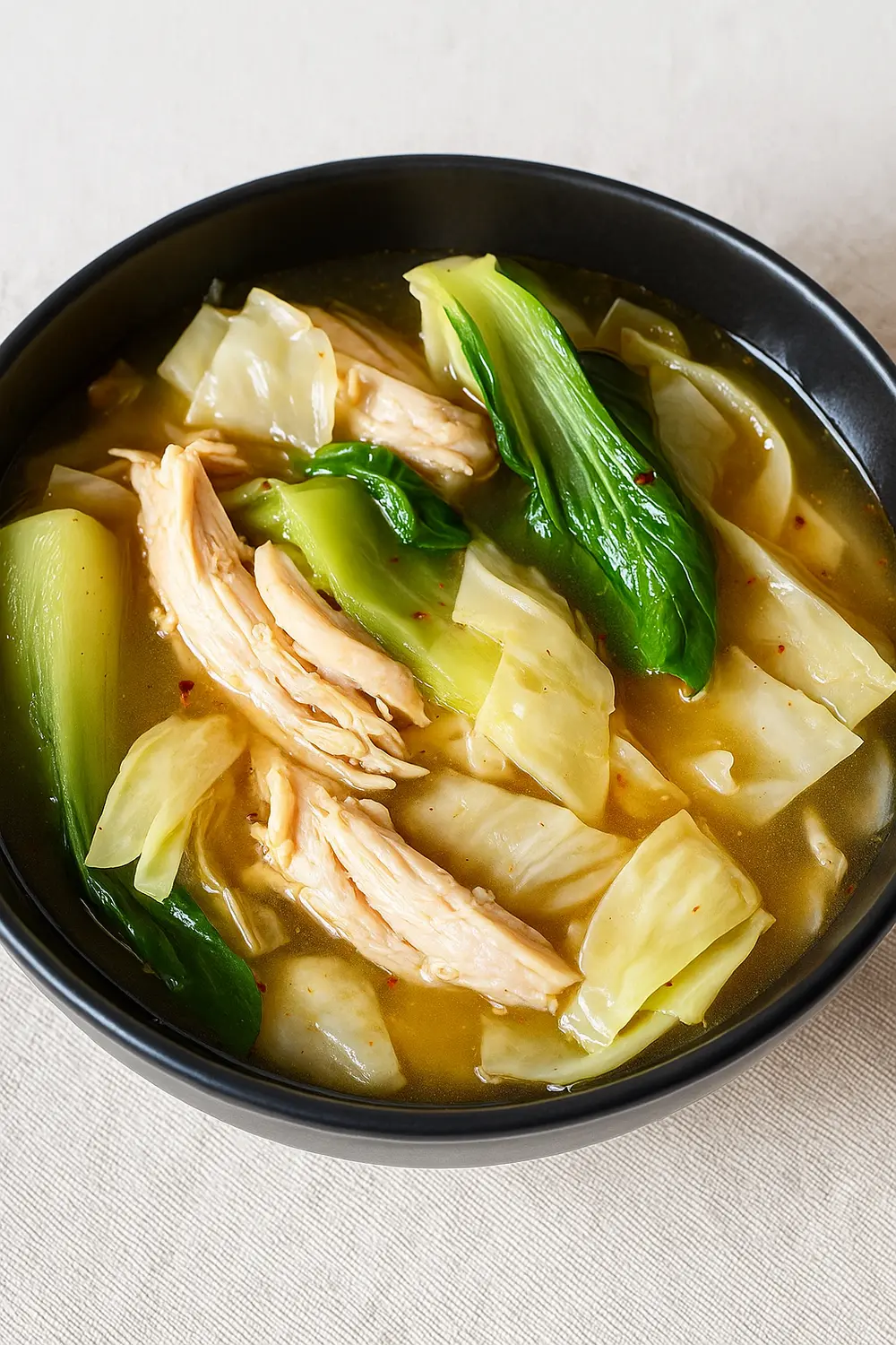 A high protein low carb meal featuring tender chicken, shredded cabbage, carrots, and onions simmered in a savory tomato broth, a perfect low calorie dish for those on a 1200 calorie eating plan.