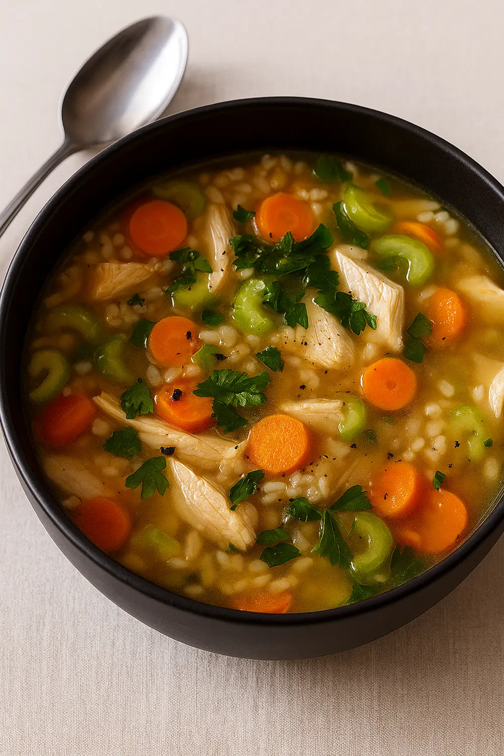 7 Day Rice Diet Plan for Weight Loss Hearty chicken and rice soup with carrots and celery, perfect for a chicken and rice diet for weight loss.