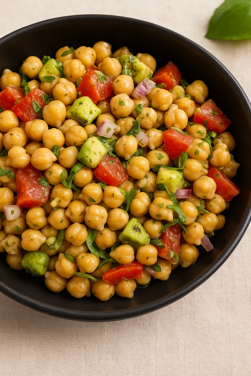 Fresh chickpea avocado salad with tomatoes, cucumbers, and red onion, perfect for endomorph women and endomorph men who want to burn fat.