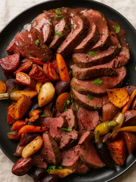 Classic French Chateaubriand Steak with Red Wine Sauce Classic French Chateaubriand steak sliced and served with a variety of colorful roasted vegetables with red wine sauce, perfect for Christmas dinner, Easter holiday, and Thanksgiving feast.