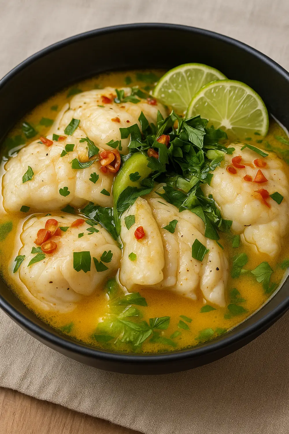 Bowl of coconut lime fish soup with white fish fillets, fresh herbs, chili, and lime slices, perfect for those following the Calorie Deficit Diet Plan.