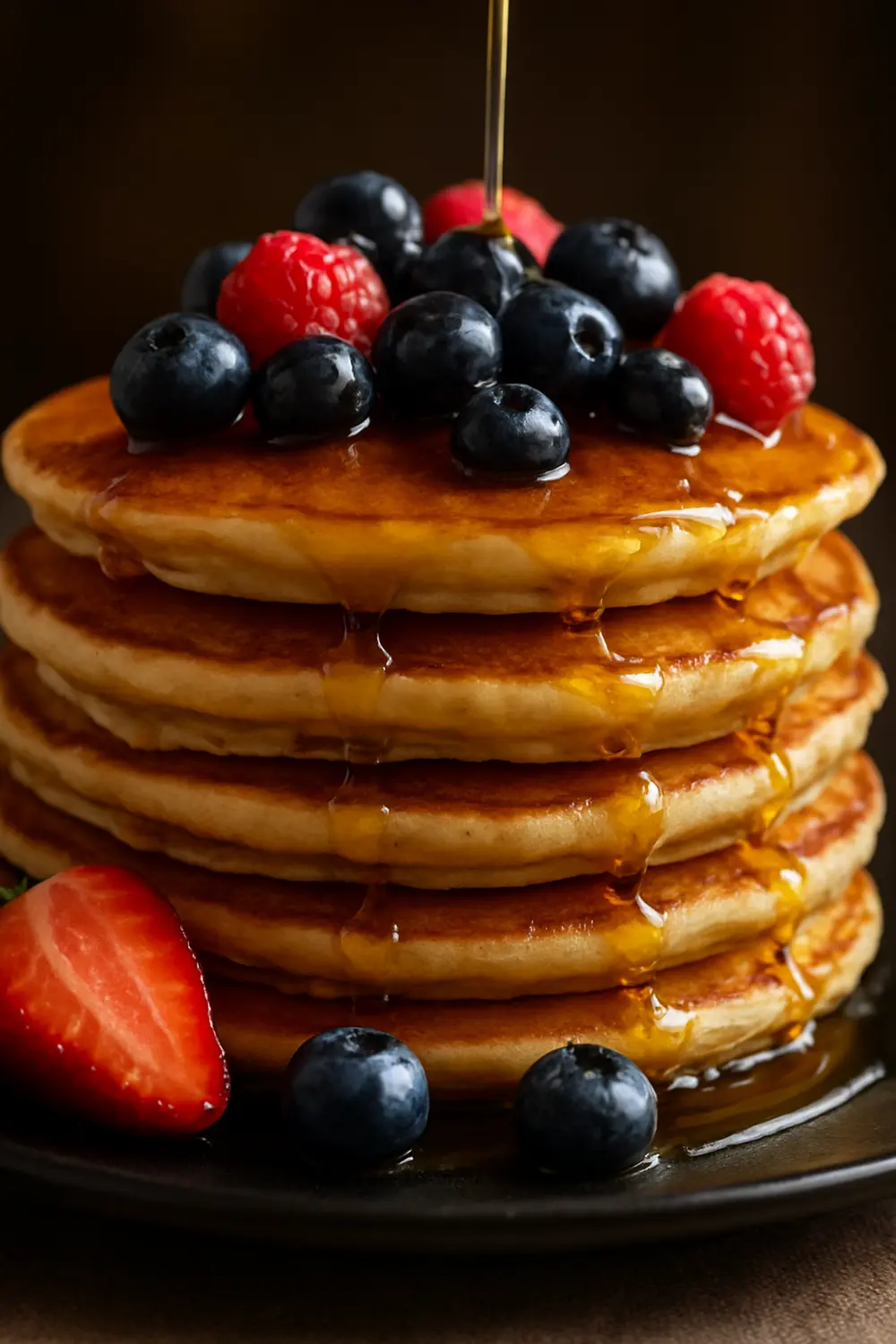 Easy pancake recipe featuring a tall stack of fluffy honey pancakes with fresh raspberries and blueberries on top.