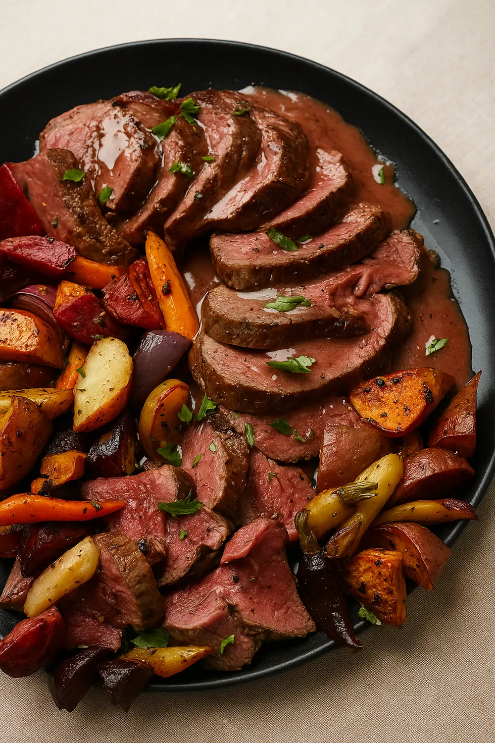 Classic French Chateaubriand Steak with Red Wine Sauce This French Chateaubriand recipe features a thick center-cut of beef tenderloin with roasted root vegetables and a red wine reduction sauce.
