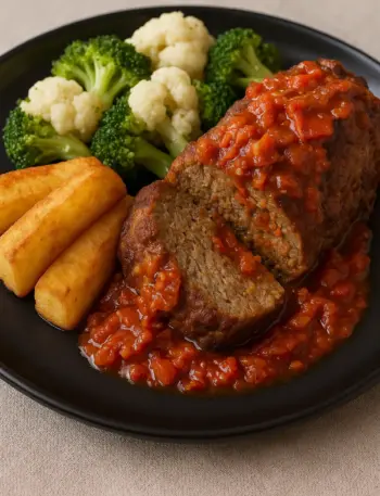 7-Day Gluten Free Diet Plan for Beginners Bacon meatloaf slice with a red tomato sauce, served on a black plate with fried yuca sticks and steamed broccoli and cauliflower, perfect for those on a gluten free diet plan.