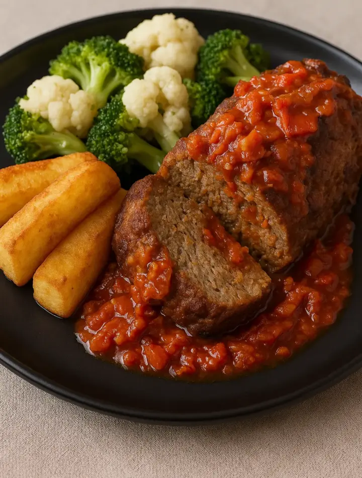 Bacon meatloaf slice with a red tomato sauce, served on a black plate with fried yuca sticks and steamed broccoli and cauliflower, perfect for those on a gluten free diet plan.