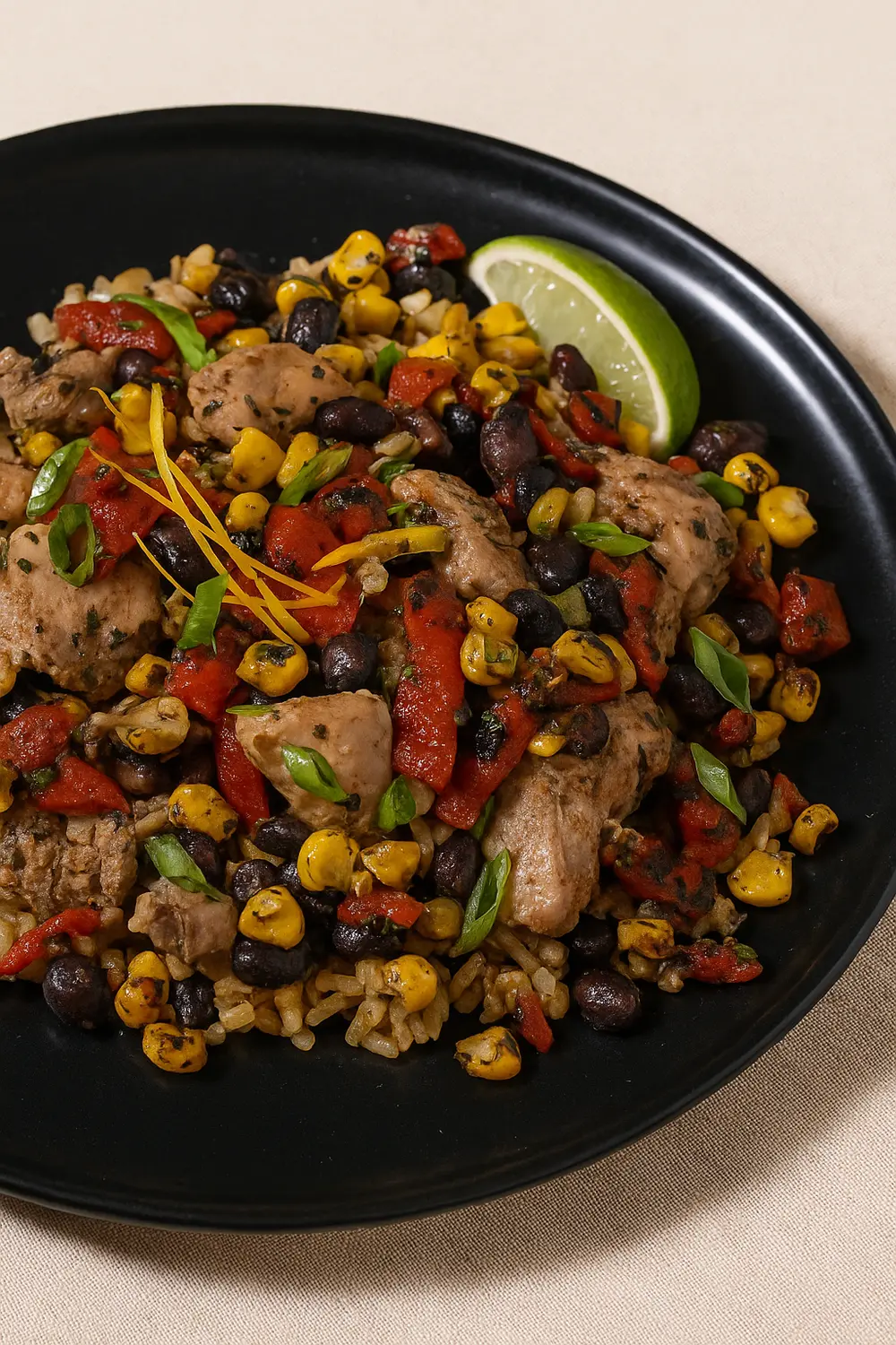 Easy gluten free recipes or gluten free meals of green chile pork with a southwest salsa made with black beans, corn, and red peppers, served over a bed of brown rice.