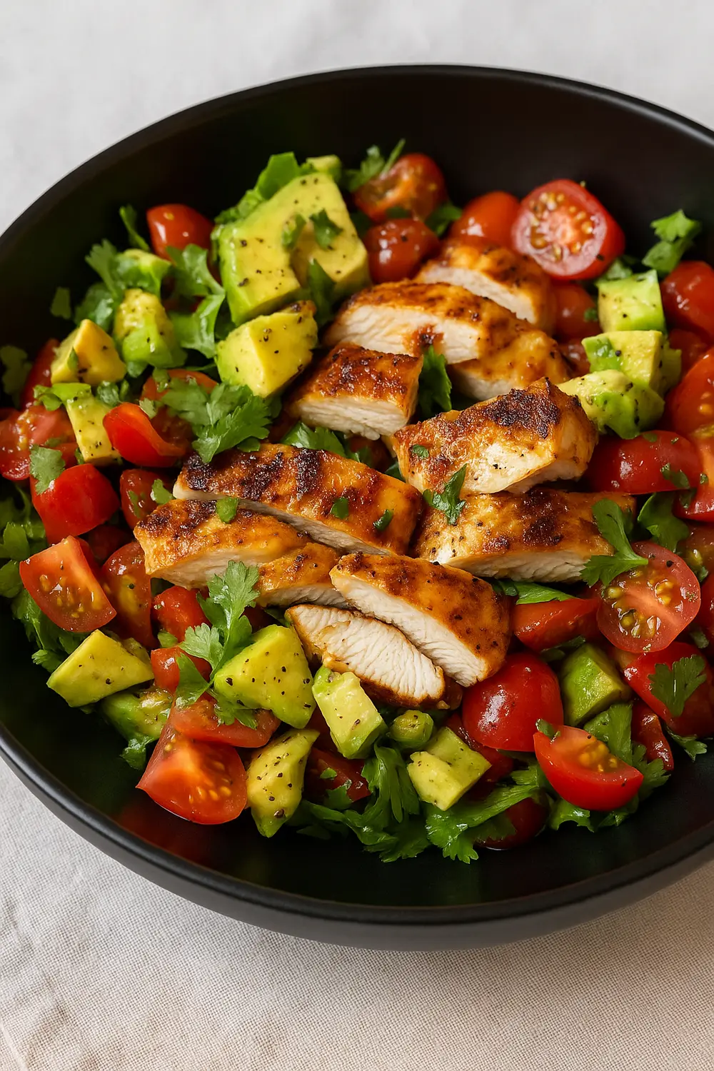 A salad bowl with juicy sliced grilled chicken breast, ripe avocado chunks, halved cherry tomatoes, and fresh cilantro, all tossed together, one of the best diet for endomorphs.