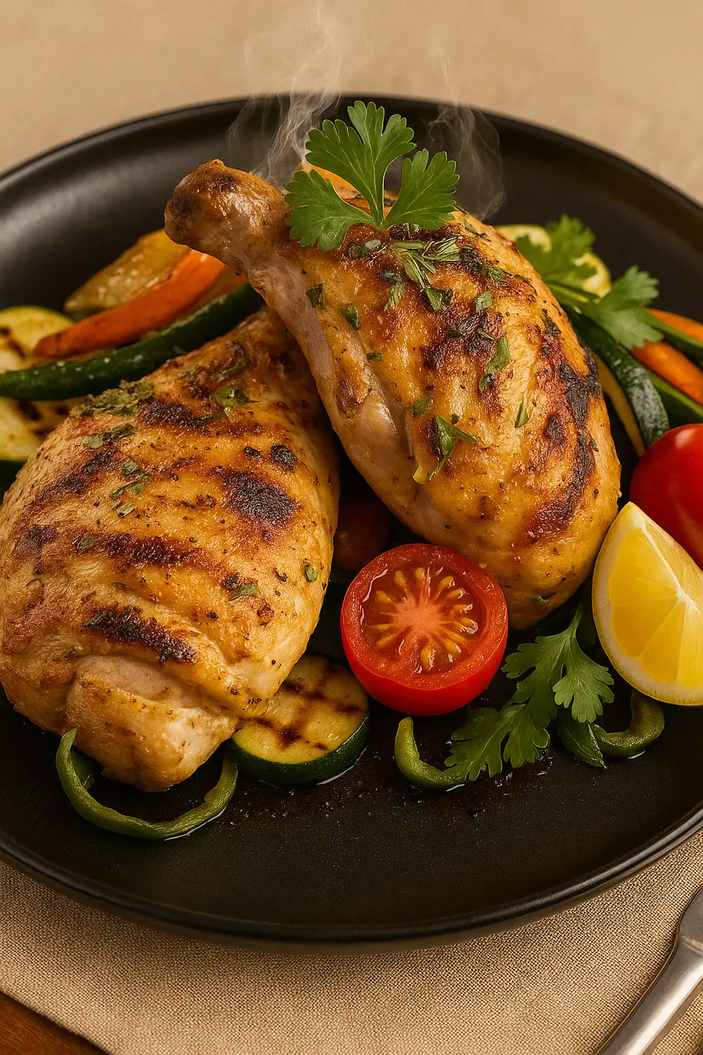 Grilled chicken with roasted vegetables on a black plate, perfect for those on a 1200 calorie deficit meal plan.