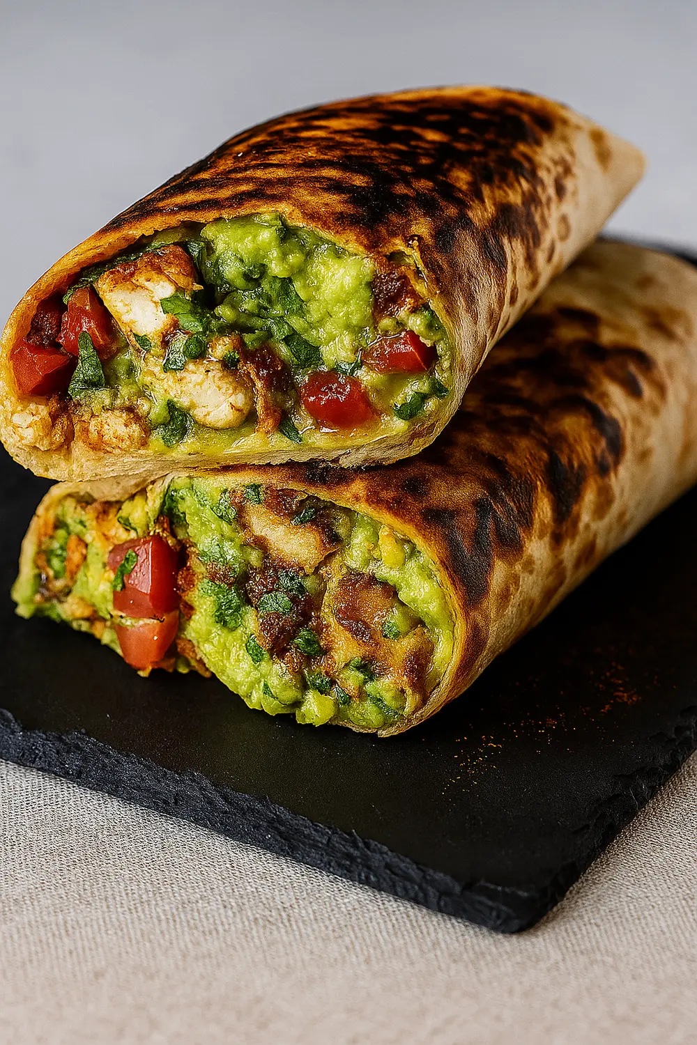 Two grilled turkey and avocado wrapped in a whole grain low carb tortilla on a black slate, perfect for those following a Mounjaro meal plan.